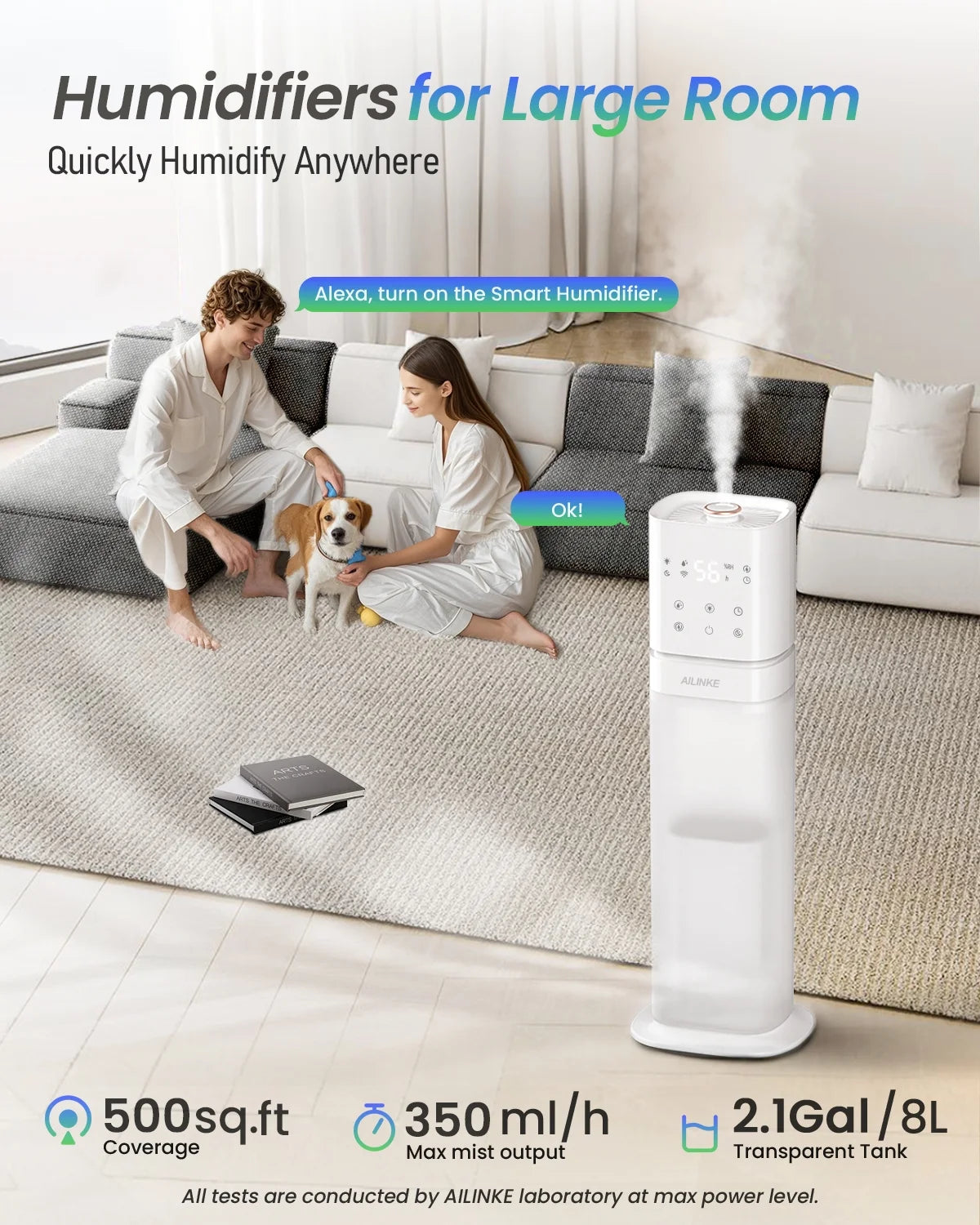 Smart Humidifier Large Room, 2.1Gal/8L Humidifiers for Room Bedroom, Whole House Cool Mist Humidifiers, White